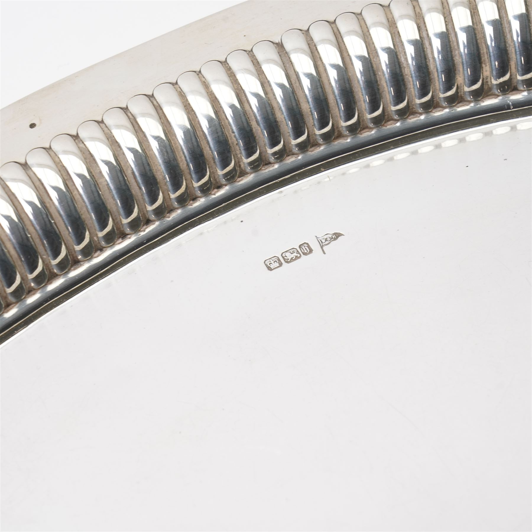 Silver oval tray with gadrooned edge and integral handled 65cm x 44cm Sheffield 1900 Maker Walker & Hall