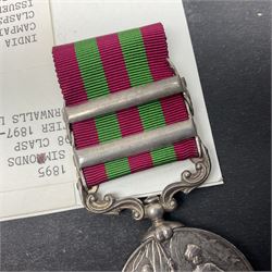 Victoria India Medal with Tirah 1897-98 and Punjab Frontier 1897-98 clasps awarded to 367H Pte. W. Simonds 1/Duke of Cornwall's Light Infantry; with ribbon