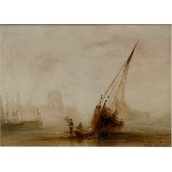 Henry Barlow Carter (British 1804-1868): Fishing Boat on the Beach at Low Tide 'Peel Castle Isle of Man', watercolour signed, titled verso 12cm x 16.5cm 
Provenance: part of a large North Yorkshire single owner life time collection of H B & J N Carter watercolours; with Abbott & Holder, Museum St., London, label verso