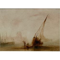 Henry Barlow Carter (British 1804-1868): Fishing Boat on the Beach at Low Tide 'Peel Castle Isle of Man', watercolour signed, titled verso 12cm x 16.5cm 
Provenance: part of a large North Yorkshire single owner life time collection of H B & J N Carter watercolours; with Abbott & Holder, Museum St., London, label verso