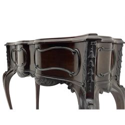 Late Victorian mahogany jardiniere planter stand, shaped form with fixed moulded top, applied c and s scroll mouldings and husks to the frieze and canted corners, acanthus carved cabriole supports with scroll carved terminals, 91cm x 37cm, H85cm