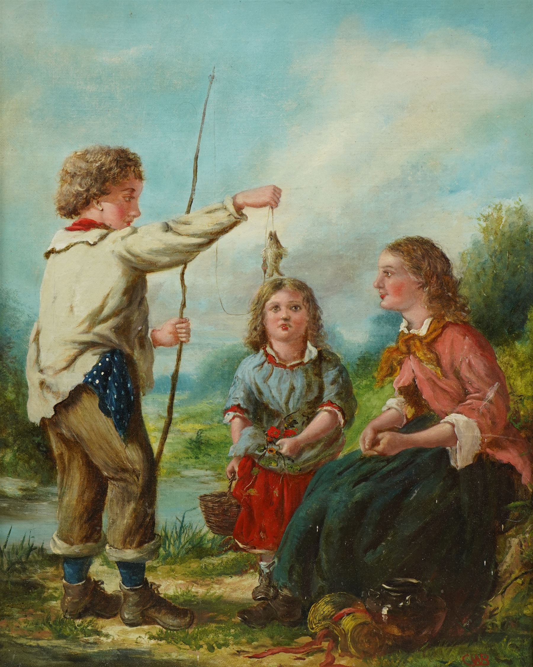 English School (19th/20th century): Children Fishing on the Riverbank, oil on canvas signed with monogram CWB 49cm x 38cm