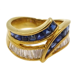  18ct gold calibre cut sapphire and diamond ring, stamped 750  