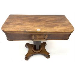 19th century mahogany tea table, fold-over swivel top, octagonal column on quatrefoil base, scrolling feet
