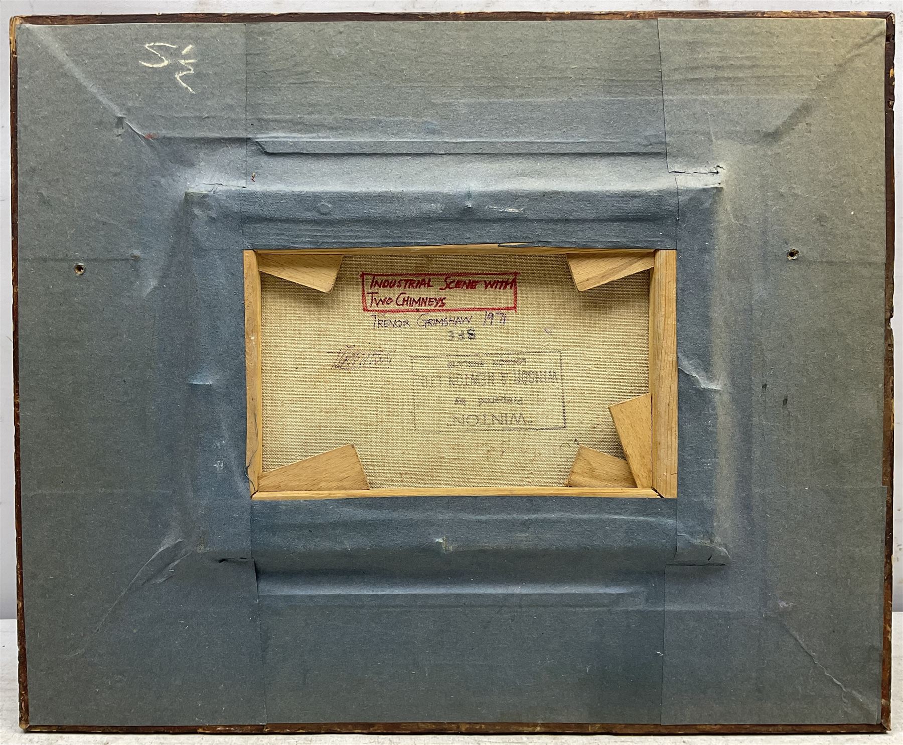 Trevor Grimshaw (Northern British 1947-2001): 'Industrial Scene with Two Chimneys', oil on canvas signed and dated '71, titled verso 16cm x 24cm