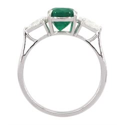 18ct white gold three stone cushion cut emerald and fancy trillion cut diamond ring, emerald 1.95 carat, total diamond weight 0.48 carat, with World Gemological Institute report