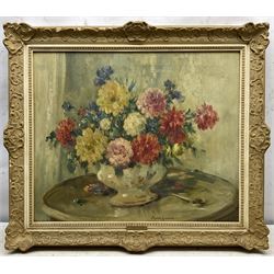 Owen Bowen (Staithes Group 1873-1967): 'Still Life - Flowers in a Bowl on a Table', oil on canvas signed, titled on artist's studio label verso 49cm x 59cm 
Provenance: private collection; acquired from the artist's daughter Betty McDougal (neé Bowen)