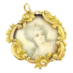 19th century gold pearl portrait brooch and similar pendant, each set with a miniature of a woman, on ivory, within gold scrolled frames. This lot has been registered for sale under Section 10 of the APHA Ivory Act