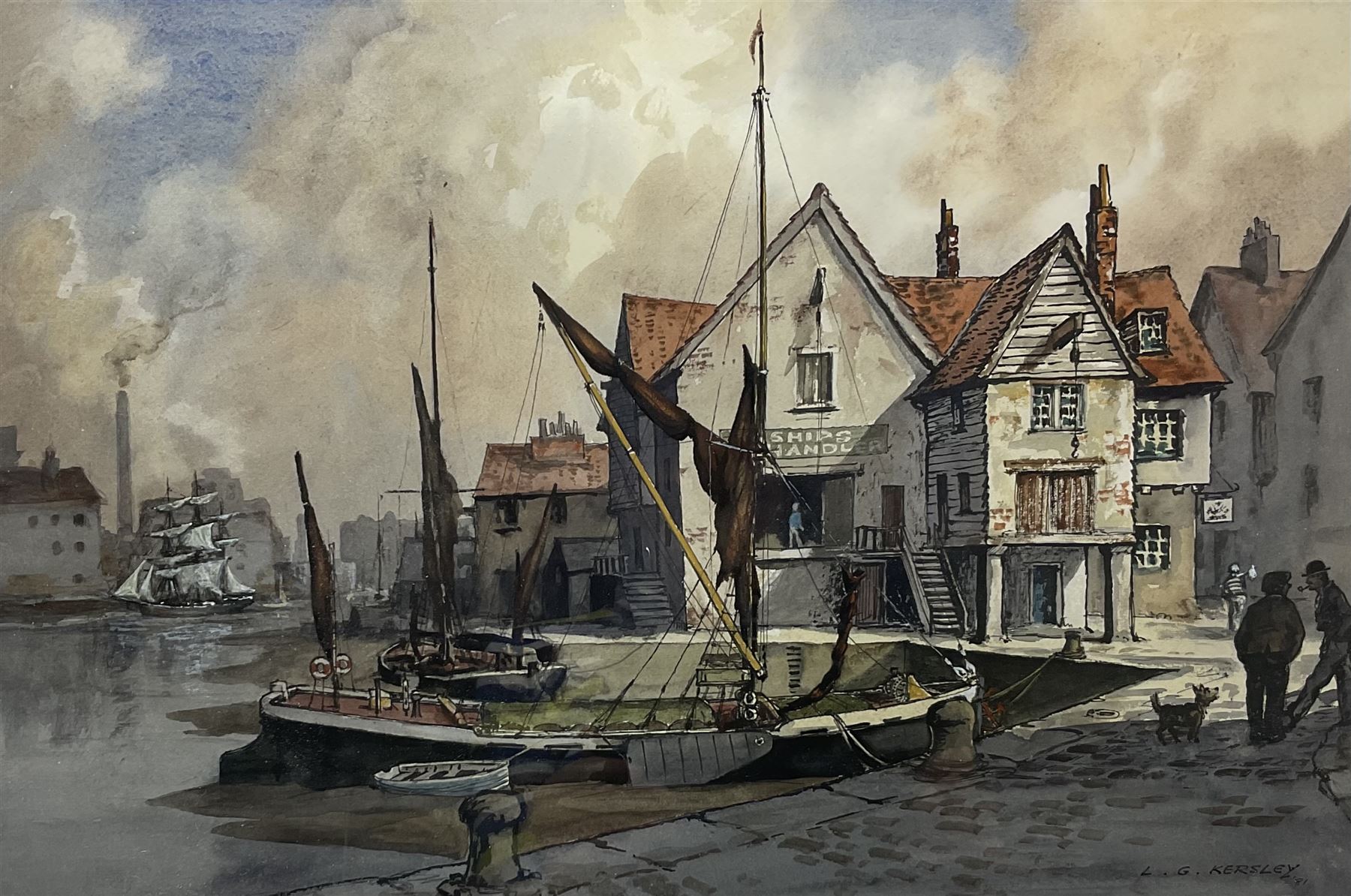 Leonard G Kersley (British 20th century): 'Old Time Wharves', watercolour signed and dated '81, 34cm x 50cm