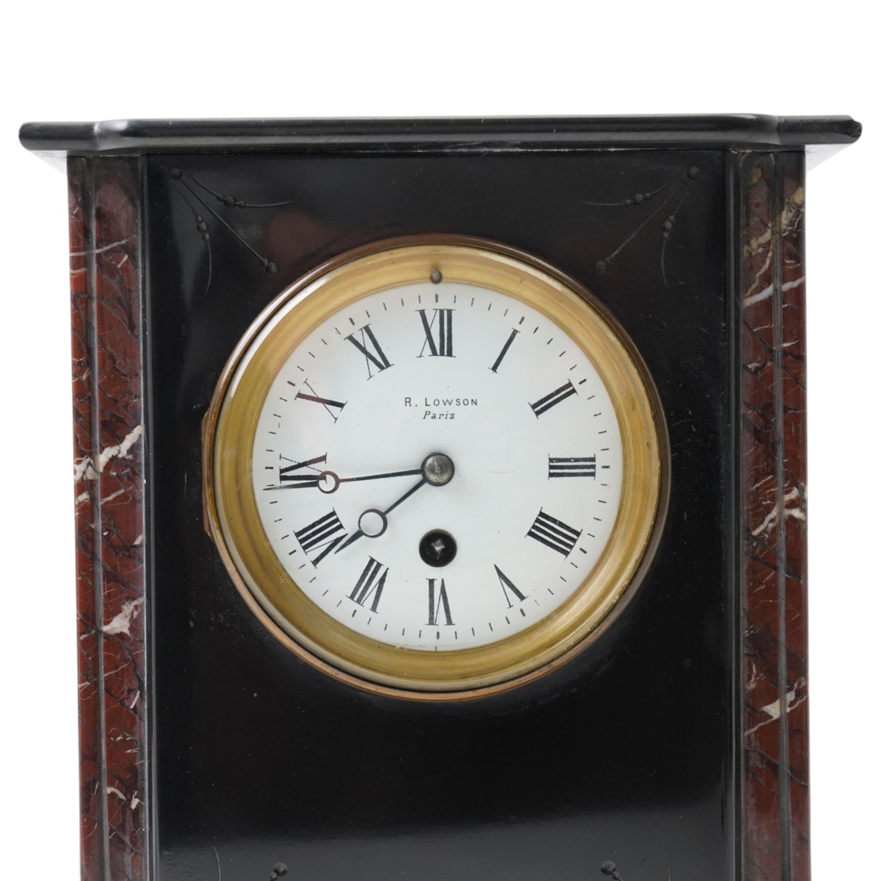 Victorian mantel clock, the white dial inscribed R Lowson, Paris, in black slate case H31cm