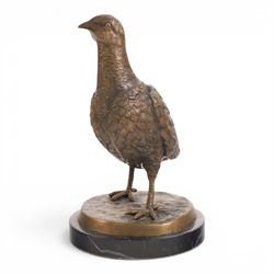 Bronze pheasant upon a circular marble base, together with a similar partridge, largest H25cm 