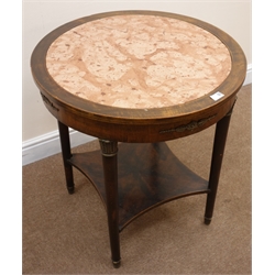  Early 20th century French oak marble top gilt metal mounted centre table, circular rouge marble inset on four turned supports joined by an undertier, D65cm, H73cm  
