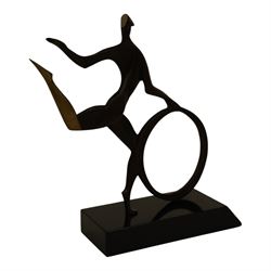 John Huggins FRBS (British 1938): 'Girl with Hoop', bronze sculpture upon black lacquered wooden base, H34cm