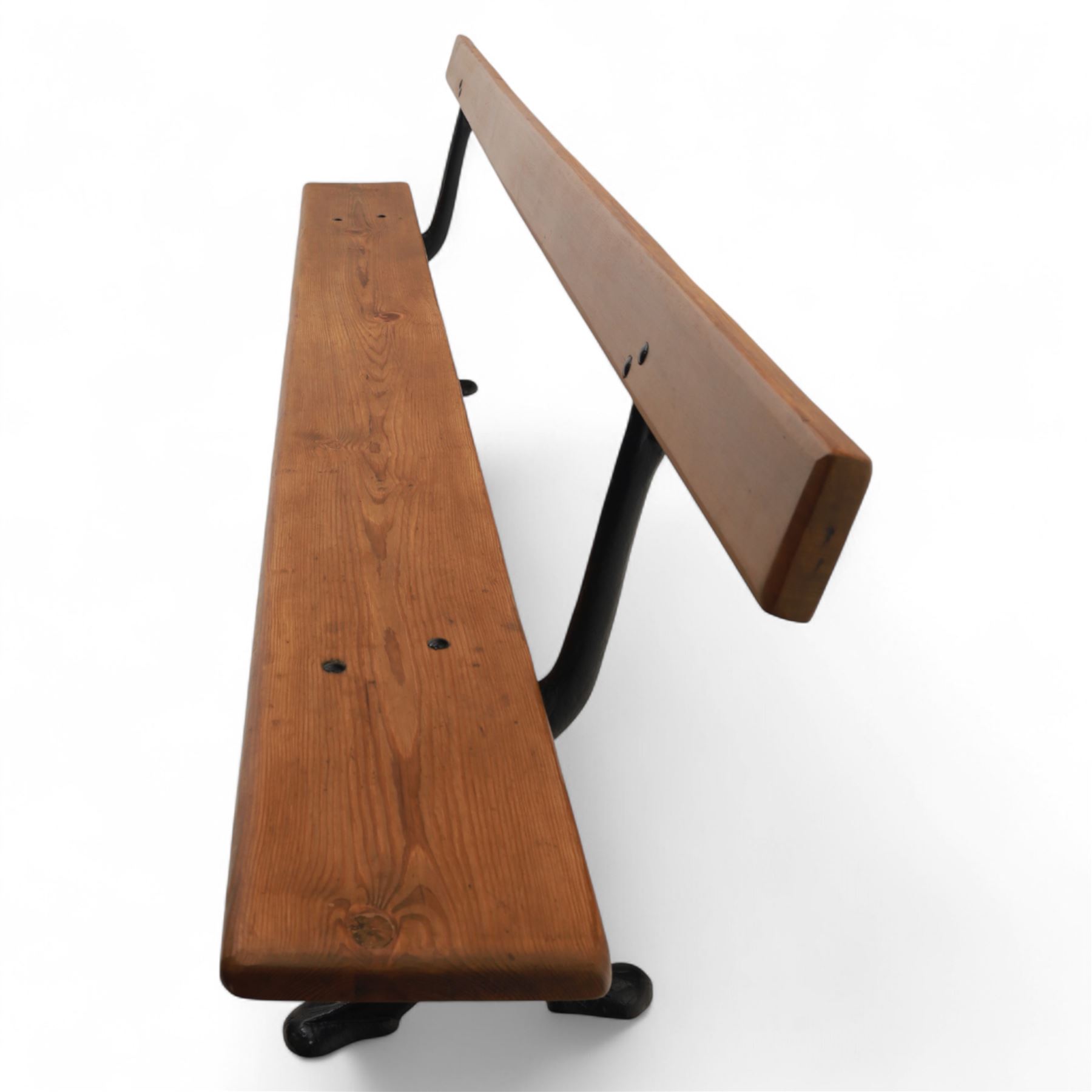 Pine garden bench, with stained and weatherproof varnish, single slat pine seat and back, raised on curved black cast iron supports