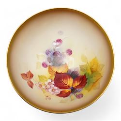Royal Worcester porcelain vase c1931, hand painted with autumnal fruit and berries by Kitty Blake, signed, shape no. G161, H7cm, together with a similarly decorated hand painted bowl, also by Blake, c1936, D18cm (2)