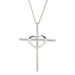 9ct white gold diamond heart and cross pendant necklace
