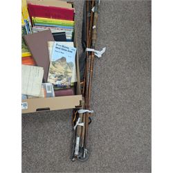 Fishing rods including split cane, fly and The Midlander example, together with a collection of railway reference books and maps including Ordnance Survey