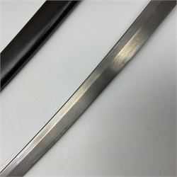 WW2 Japanese Army officer's shin gunto/katana sword with 68.5cm steel single edged blade, foliate cast brass tsuba, bound fish-skin grip with brass mounts, inscribed marks to both sides of tang; in lacquered wooden scabbard with brass mounts and locking button L97cm overall