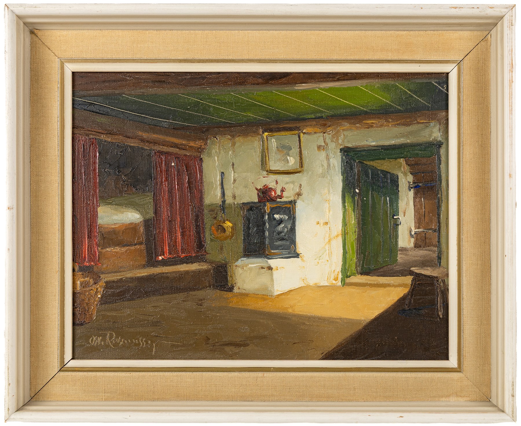 Osvald Rasmussen (Danish 1885-1972): Bedroom Interior, oil on canvas signed 26cm x 34cm