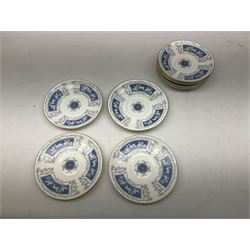 Coalport Revelry pattern tea and dinner wares, comprising nine dinner plates, four salad plates, eleven side plates, sauce boat and stand, ten teacups and ten saucers, and preserve pot and cover, together with a Coalport plate of shaped form decorated with pink roses, and a Royal Crown Derby Royal Antoinette pattern trio