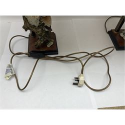 Two Giuseppe Armani figural lamps, the first modelled as an owl perched upon a book, the second modelled as a pair of owls perched upon blackberry branch, each with damask fabric tassel shades, tallest H76cm