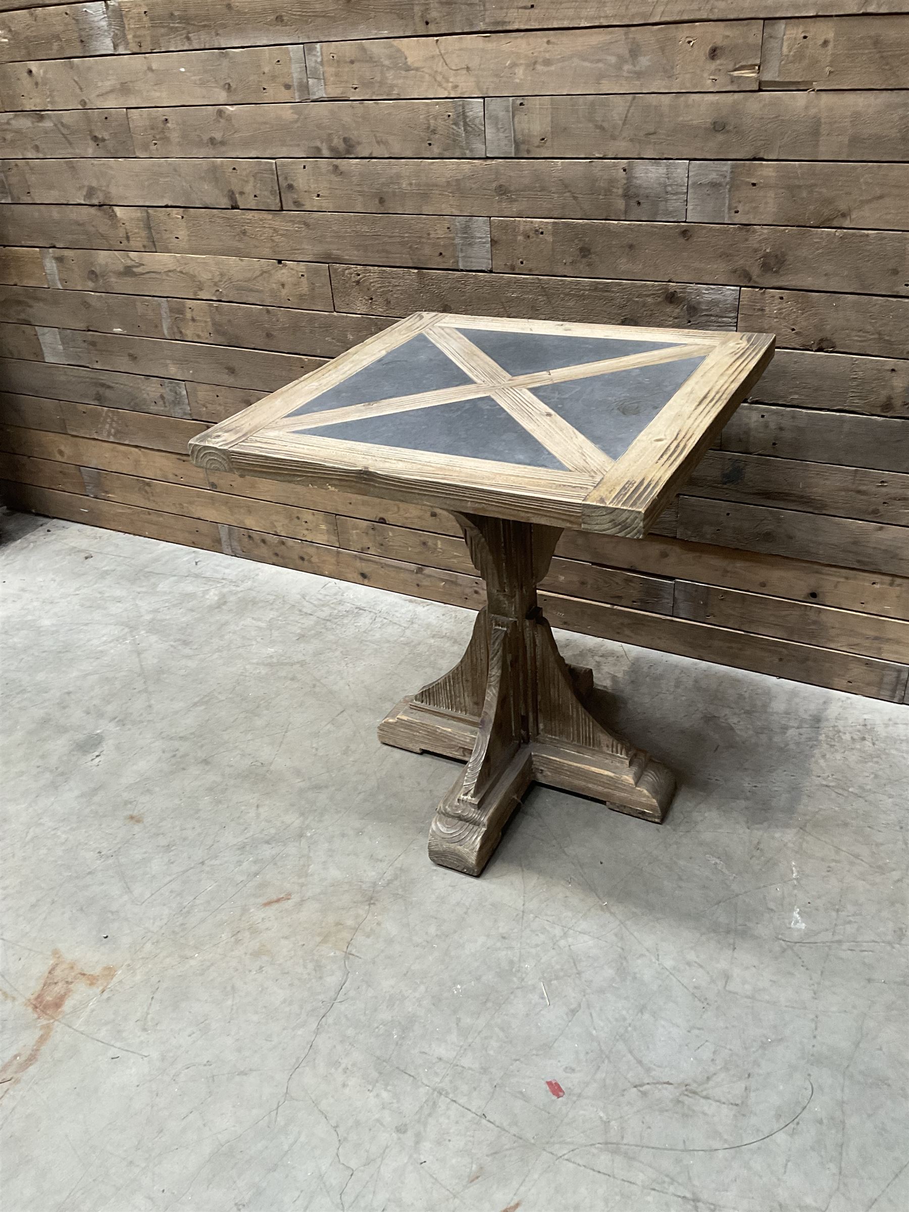 4 x Rustic square restaurant bistro table, parquetry top, X shaped base