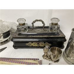Victorian ebonised wooden desk stand, with brass mounts and two glass inkwells, together with two pewter tankards with Masonic engravings, two pewter quaiches, horn handled carving set, the fork with silver mounts and a collection of other metalware