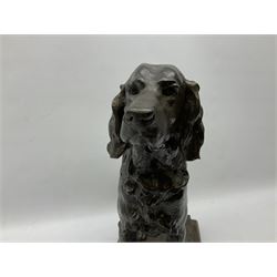 Bronzed figure of a hunting dog raised upon a stepped oak base, H38cm, L50cm