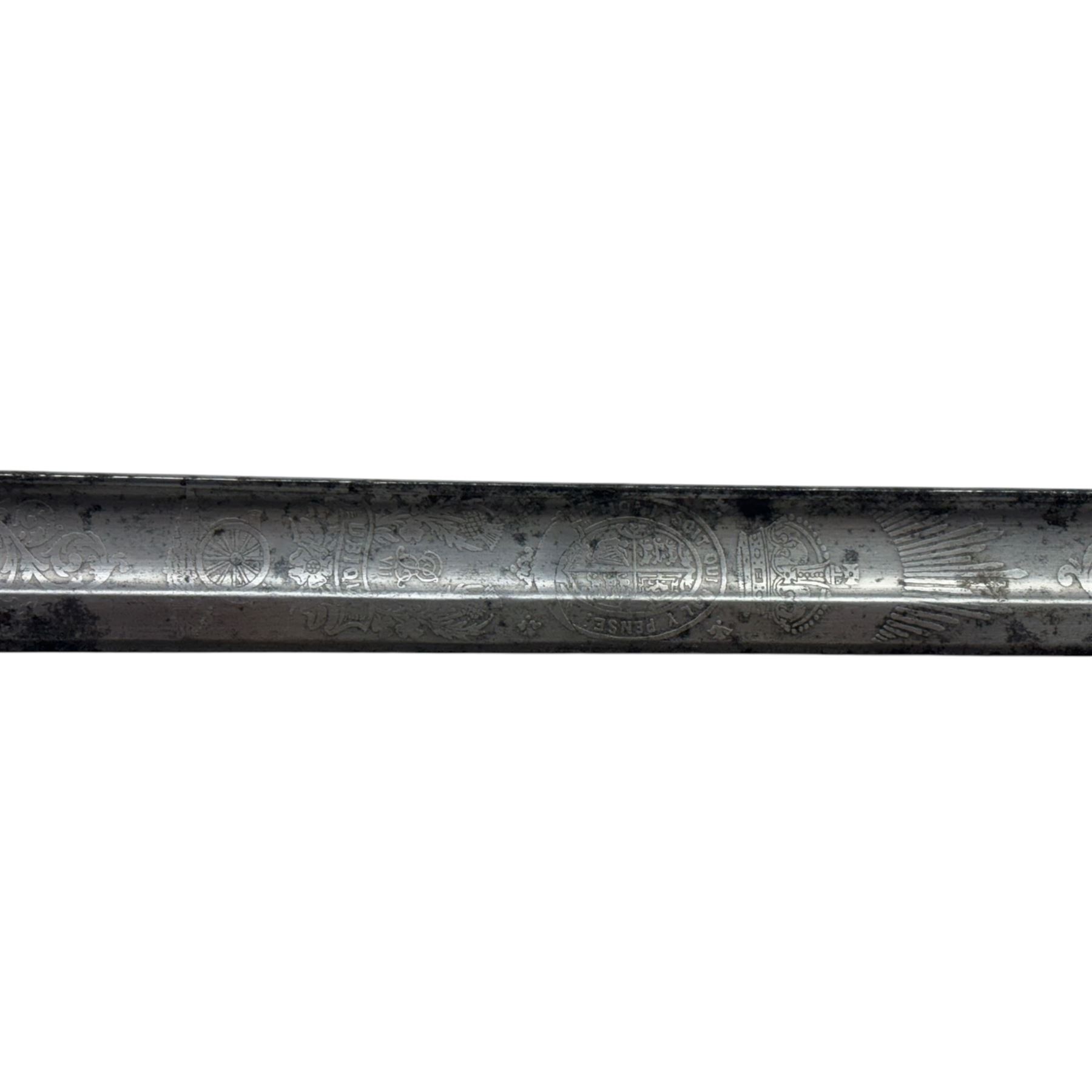 Victorian artillery officer's sword by Henry Wilkinson Pall Mall London, with 89cm steel blade, wirebound fishskin grip, chequered backstrap and stepped domed pommel, in brown leather scabbard, overall L104cm