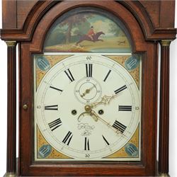 Patrick Forrester of Hull-early 19th century 8-day oak and mahogany longcase, c1830, With a pagoda pediment and three matching ball and spire finials, break arch hood door beneath flanked by reeded pilasters with brass capitals, trunk with canted corners and a full length break arch topped door with crossbanding, on a square plinth with an applied moulding to the base, fully painted dial with matching spandrels and a scene of a huntsman to the arch, with Roman numerals, fifteen minute Arabic's, stamped brass hands, seconds dial and date aperture, dial pinned via a falseplate to a rack striking movement, striking the hours on a bell. With key, weights and pendulum.   A good example of this refined design of case popular in the East Riding of Yorkshire and London, the hood is of particularly good proportions.
Patrick Forrester is listed as working in Hull 1813-1840, also as a Jeweller and Goldsmith.         