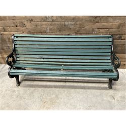 Early 20th century slatted garden bench with scrolling cast iron bench ends
