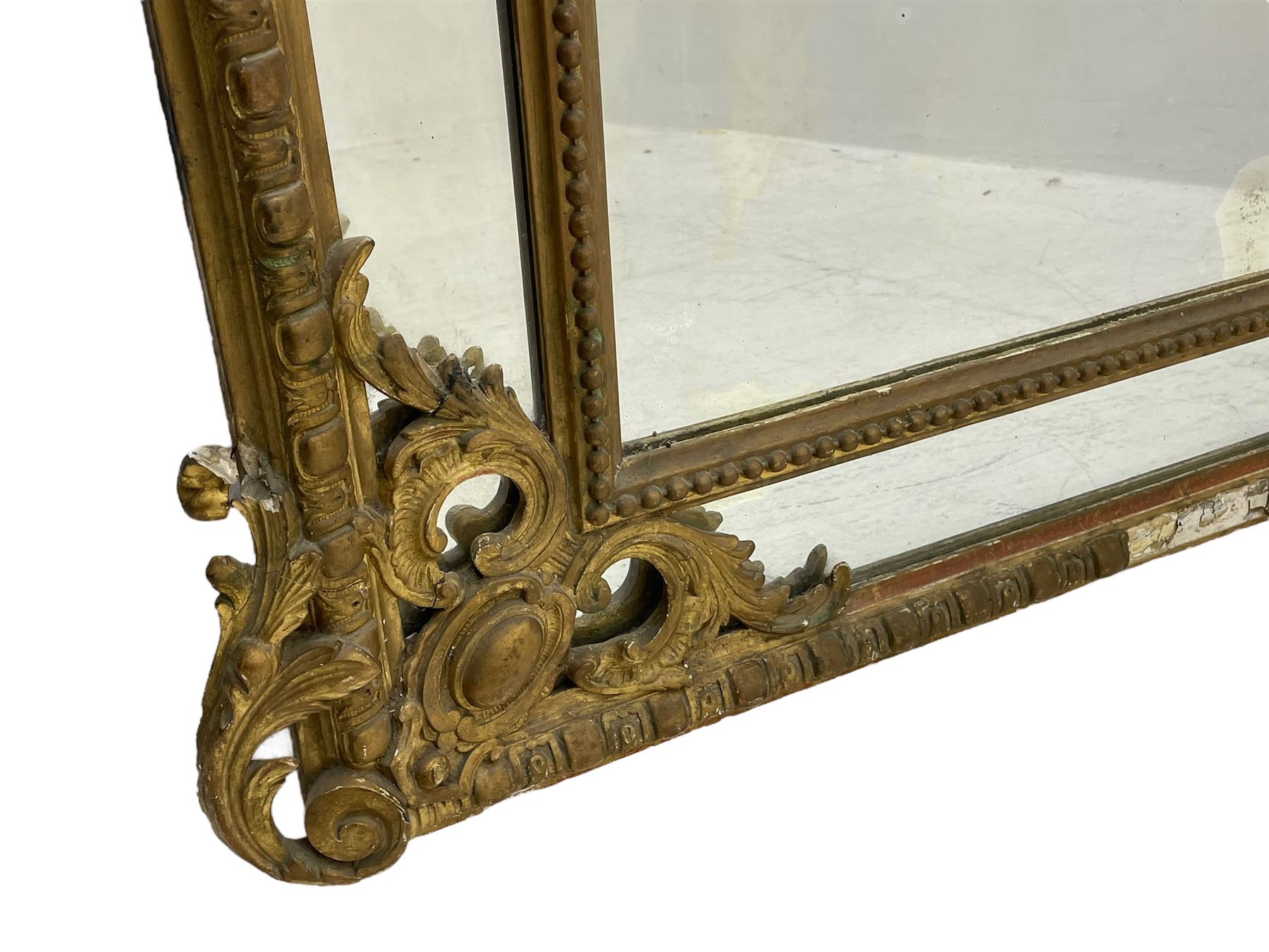 19th century giltwood and gesso pier mirror, shell cartouche pediment decorated with flower heads and scrolling foliage, two bird motifs to each side, egg and dart moulded frame with beaded inner slip, plain mirror plate, each corner mounted by scrolled acanthus leaves and cartouches