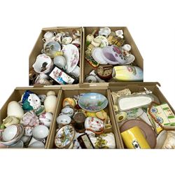 Royal Worcester tea cup and saucer, Royal Doulton Christmas Day 2001 figure and a collection of other ceramics, glassware and collectables, in five boxes 