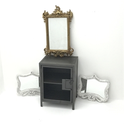  Industrial style metal bedside cabinet, single wire mesh door enclosing shelf (W41cm, H57cm, D32cm), a pair mirrors with white swept frames and a gilt framed mirror (4)  