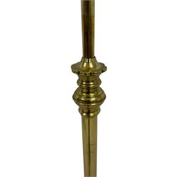Edwardian brass plated copper standard lamp, telescopic stem on lobe moulded circular base with three projecting paw feet, with cream shade