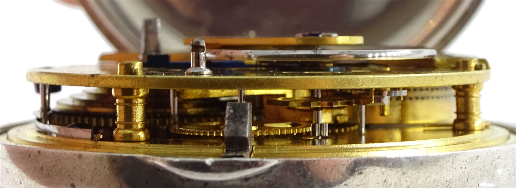 Victorian silver pair cased English lever fusee pocket watch by John Bryson & Son, Dalkeith, No. 38736, round pillars, engraved balance cock with diamond endstone, white enamel dial with Roman numerals and subsidiary seconds dial, case by Philip Woodman & Sons, London 1866