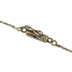 Early 20th century white gold diamond and pearl pendant necklace, five graduating old cut diamonds with a single pearl, on a trace link chain necklace