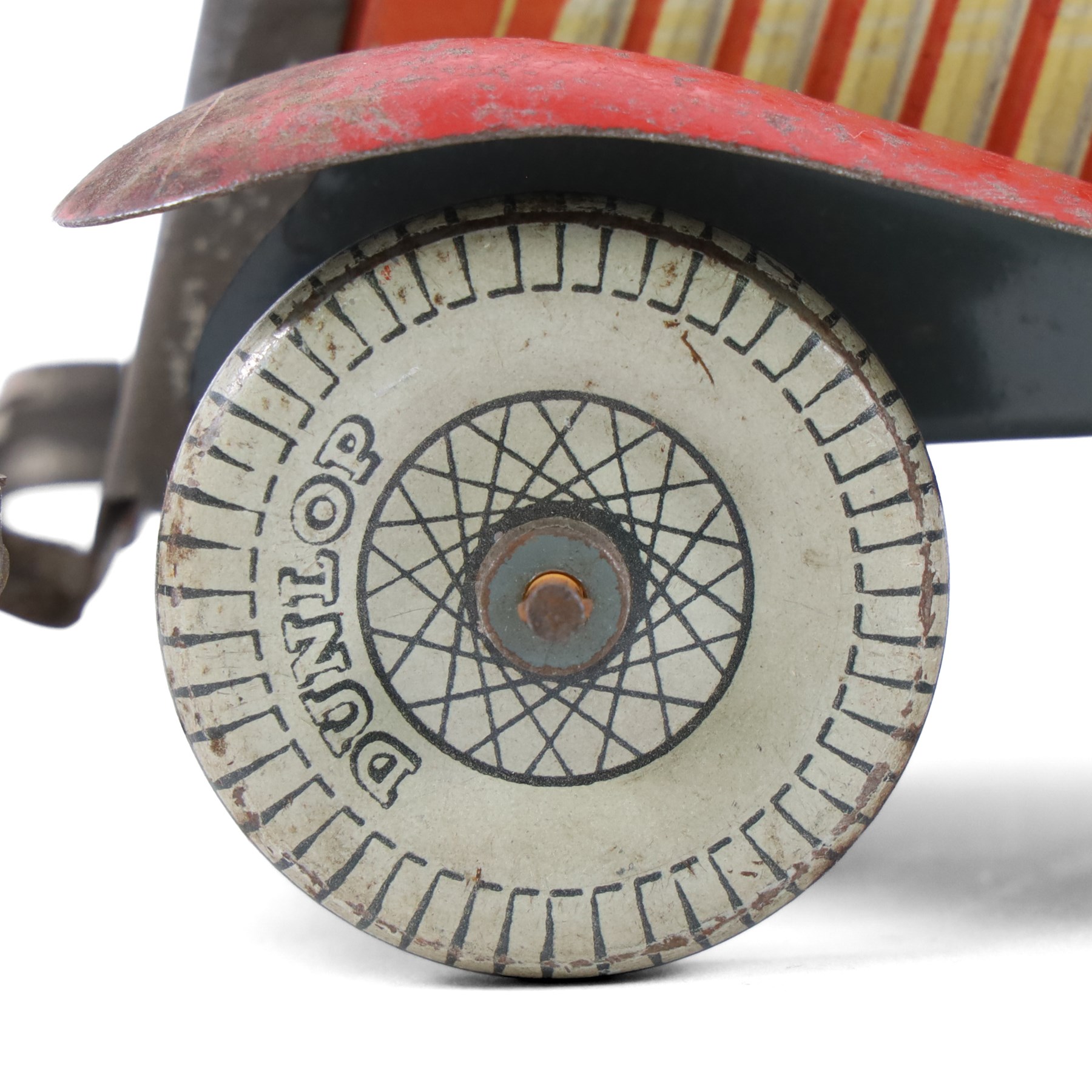 Mettoy tinplate clockwork Citroen saloon car, red orange body with cream roof and windows, with driver, Dunlop tyres and key, H9cm, L26cm