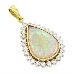 18ct gold pear cut opal and round brilliant cut diamond pendant, Sheffield 1992, opal approx 3.00 carat, total diamond weight approx 0.80 carat