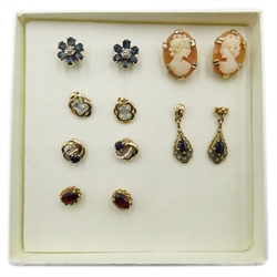  Six pairs of 9ct gold stone set earrings, hallmarked, tested or stamped  