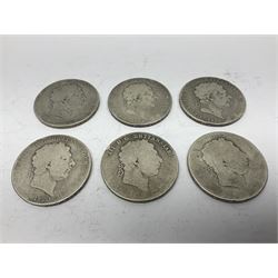 Six George III silver crown coins, dated three 1819, two 1820 and one with illegible date