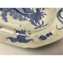 Minton Bombay pattern platter, together with Mason's meat platter, decorated with mythical beast, and two Cauldron Place Opaque China dishes 