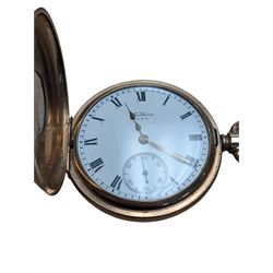 Early 20th century gold-plated half hunter keyless lever pocket watch by American Watch Company, Waltham, No. 18665454, white enamel dial with Roman numerals and subsidiary seconds dial