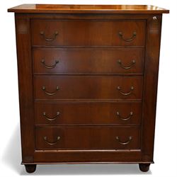 French cherry wood chest of drawers, rectangular moulded top above five long drawers with ...
