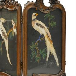 Rococo Revival carved hardwood framed triple panel fire screen, pierced and carved foliate and cartouche pediments with C-scrolls and scallop decoration, over three glazed panels depicting exotic birds of Mexican feather art, on cabriole supports with scroll feet