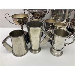 Collection of pewter and silver-plated trophy cups and presentation tankards, largest H28cm
