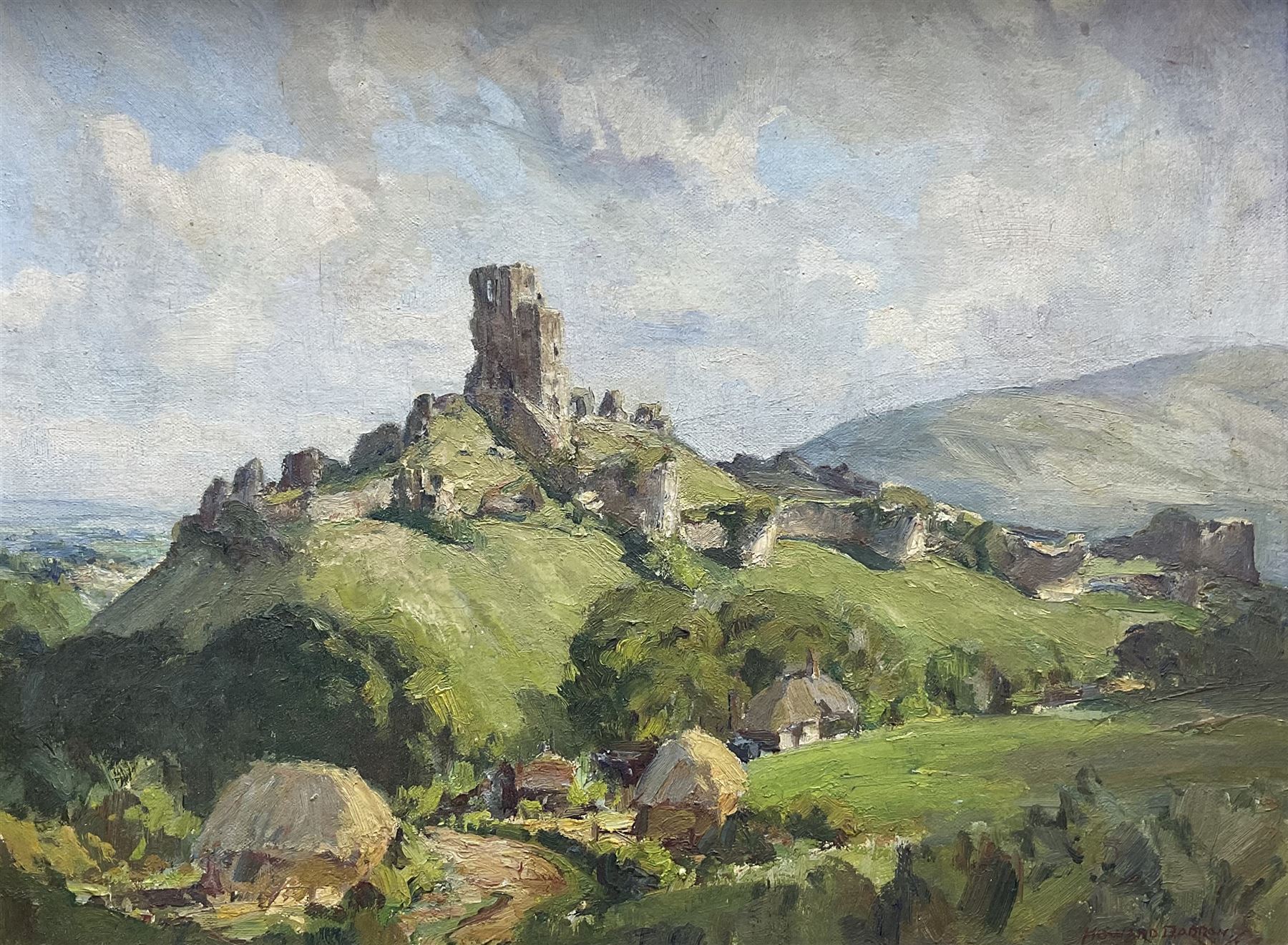 Howard Barron (British 1900-1991): 'Corfe Castle Dorset', oil on artist's board signed, dated May /54 with original titled and Medici Society labels verso 30cm x 40cm