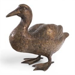 Bronzed figure of a seated hare, together with figure of a duck, hare H31cm 