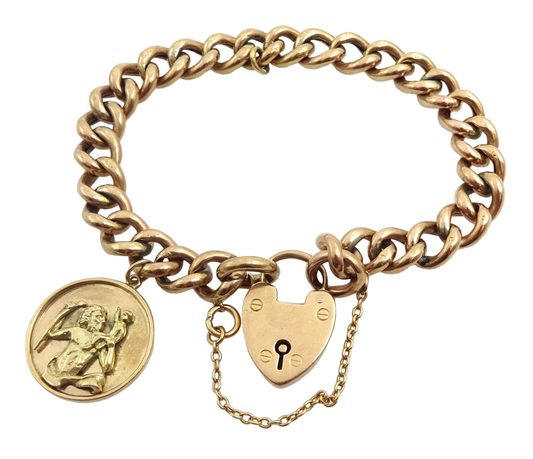 9ct gold curb link bracelet, with heart locket and 9ct gold St Christopher charm, hallmarked, approx 20.84gm