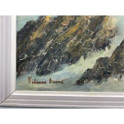 William Burns (Northern British 1923-2010): 'Surf and Rocks - North Devon', oil on board signed, titled verso 50cm x 70cm Provenance: Direct from the family of the artist.
Notes: Born in Sheffield in 1923, William Burns RIBA FSAI FRSA studied at the Sheffield College of Art before the outbreak of the Second World War, during which he helped illustrate the official War Diaries for the North Africa Campaign, and was elected a member of the Armed Forces Art Society. On his return, he studied architecture at Sheffield University and later ran his own successful practice, being a member of the Royal Institute of British Architects. However, painting had always been his self-confessed 'first love', and in the 1970s he gave up architecture to become a full-time artist, having his first one-man exhibition in 1979.